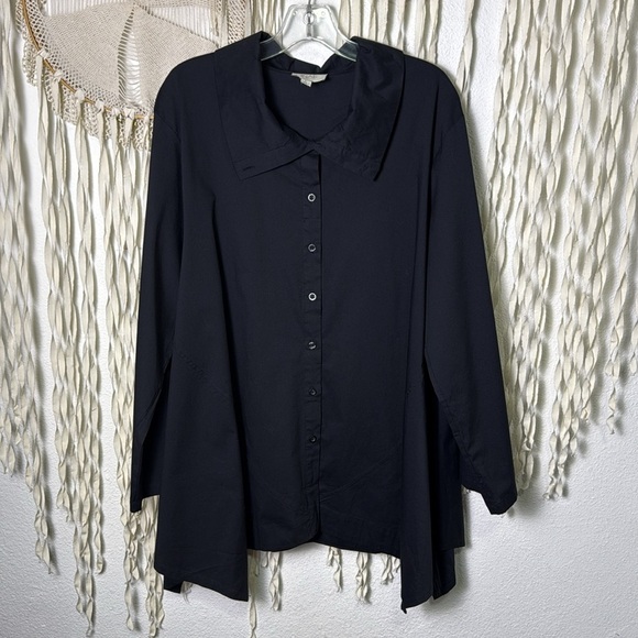 INAE Collection Lagenlook Black Tab Sleeve Wide Collar A-Line Tunic Top Large - Picture 1 of 11